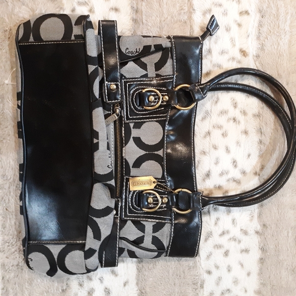 Coach Signature Black Canvas Leather Satchel Bag - Picture 8 of 9